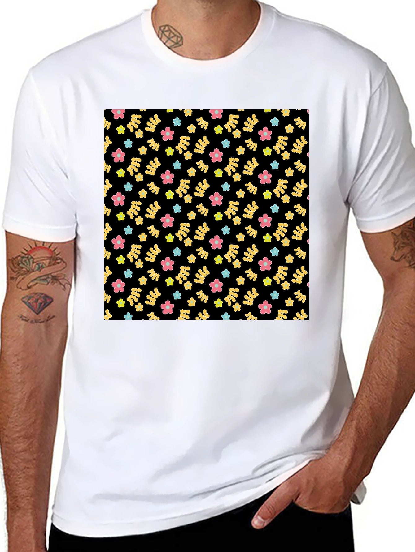 Floral Pattern Black Tee