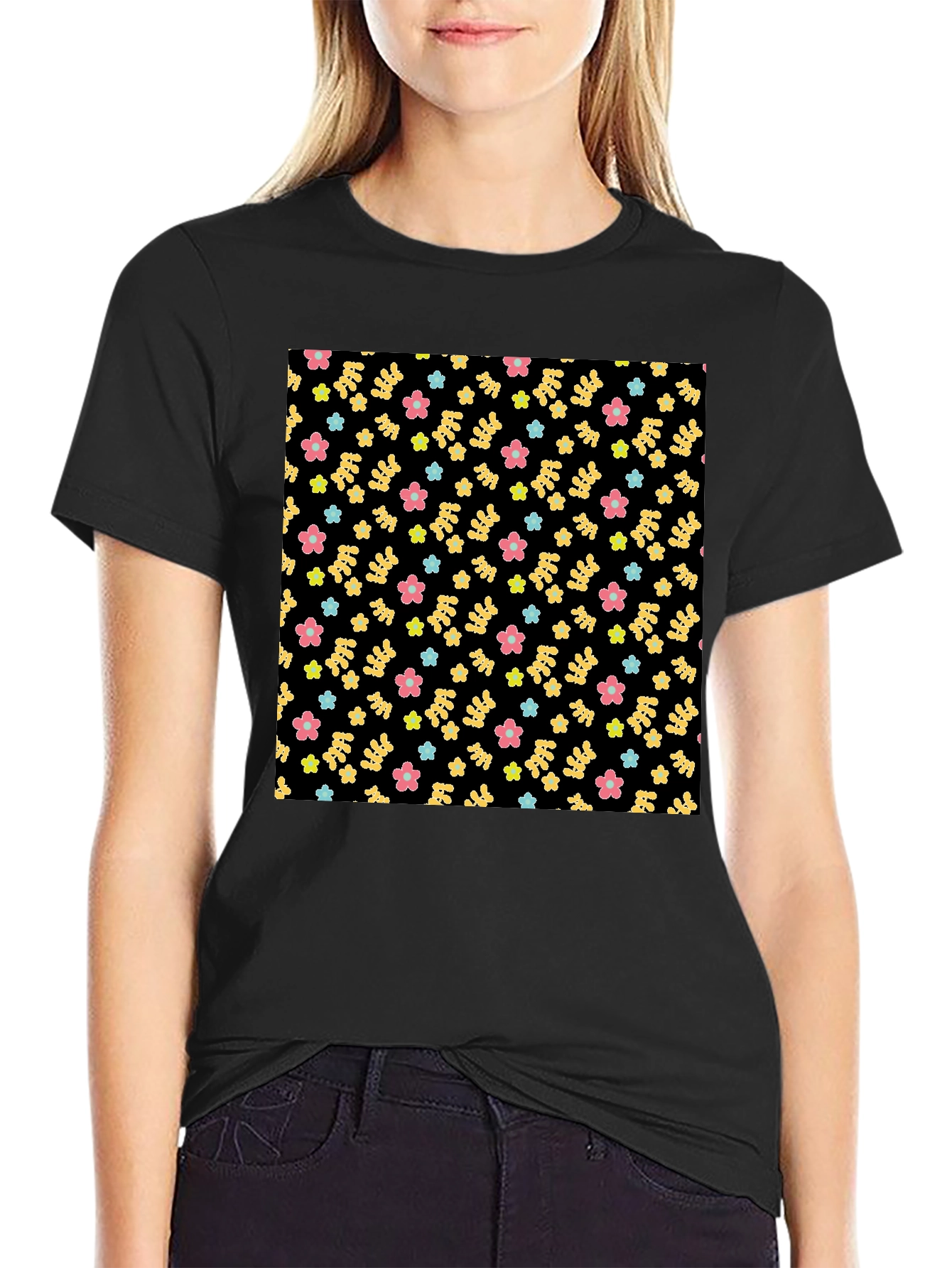 Floral Pattern Black Tee