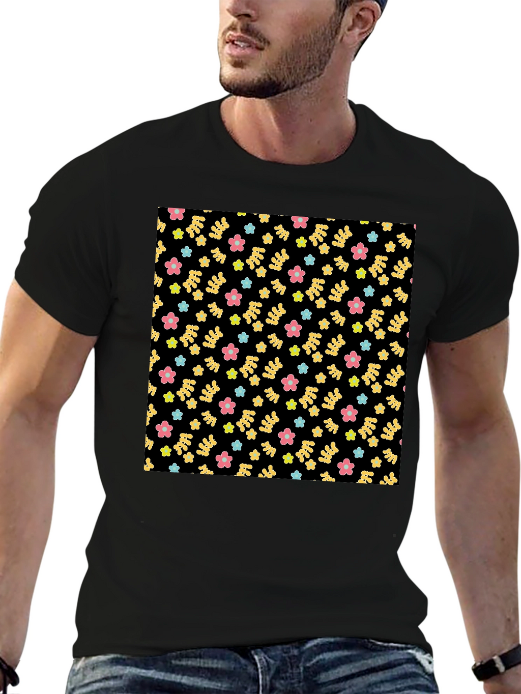 Floral Pattern Black Tee