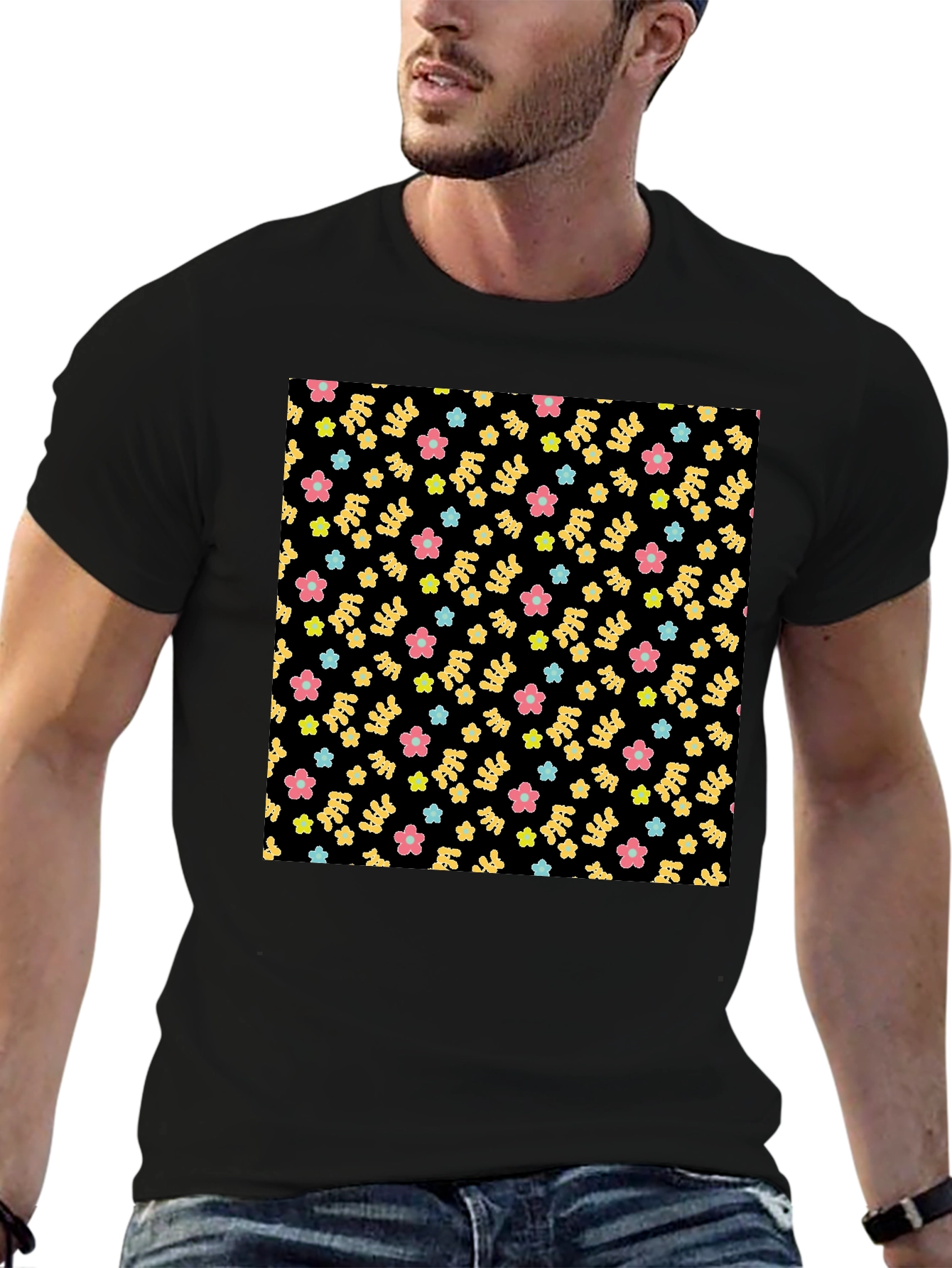 Floral Pattern Black Tee