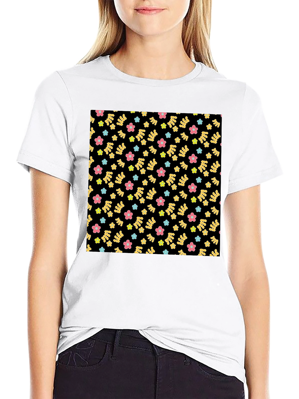 Floral Pattern Black Tee