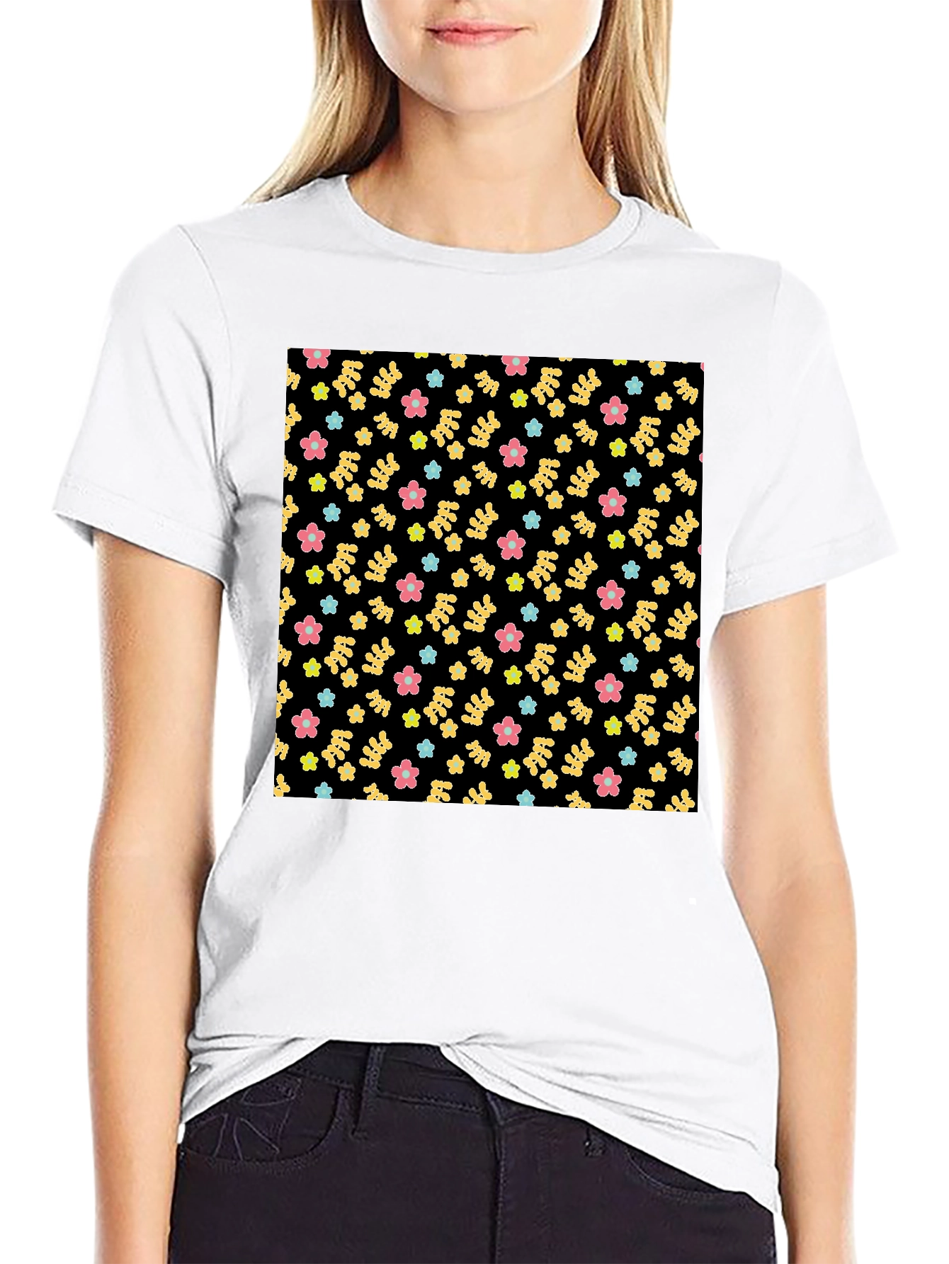 Floral Pattern Black Tee