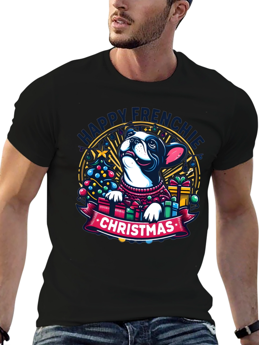 Happy Frenchie Christmas Black T-Shirt