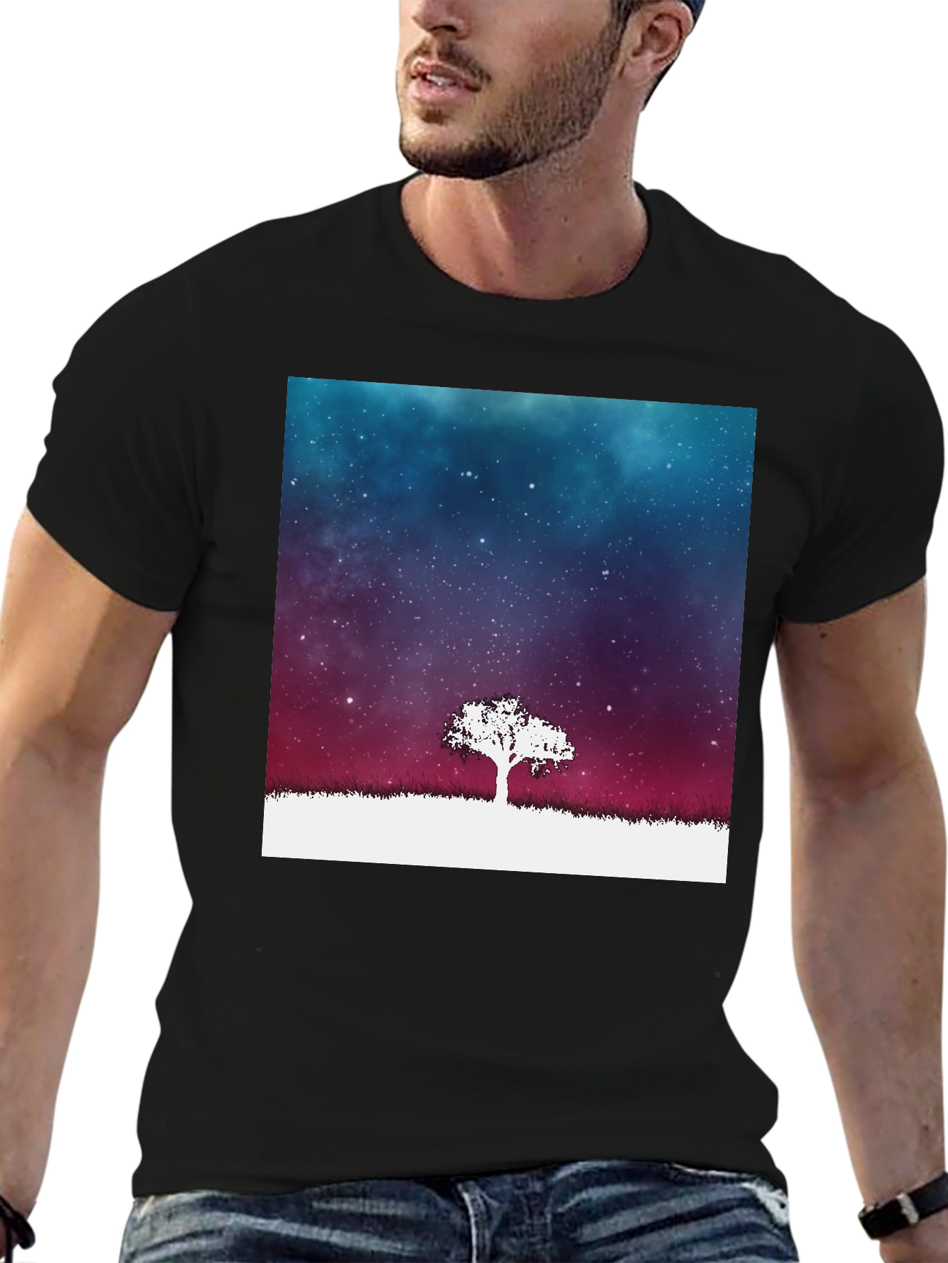 Galaxy Tree Graphic Tee - Stylish Mens Black T-Shirt