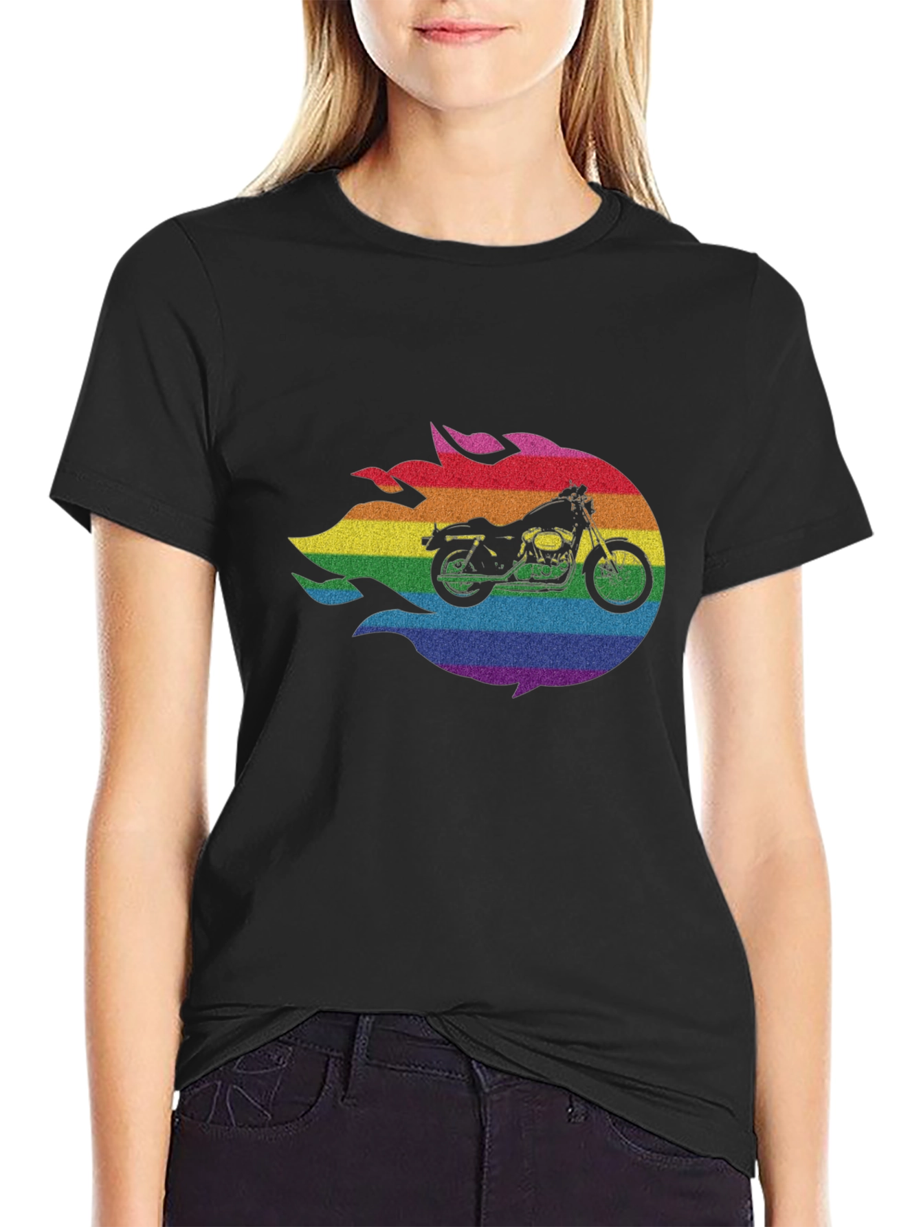 Rainbow Motorcycle Graphic Tee - Black Cotton Comfort