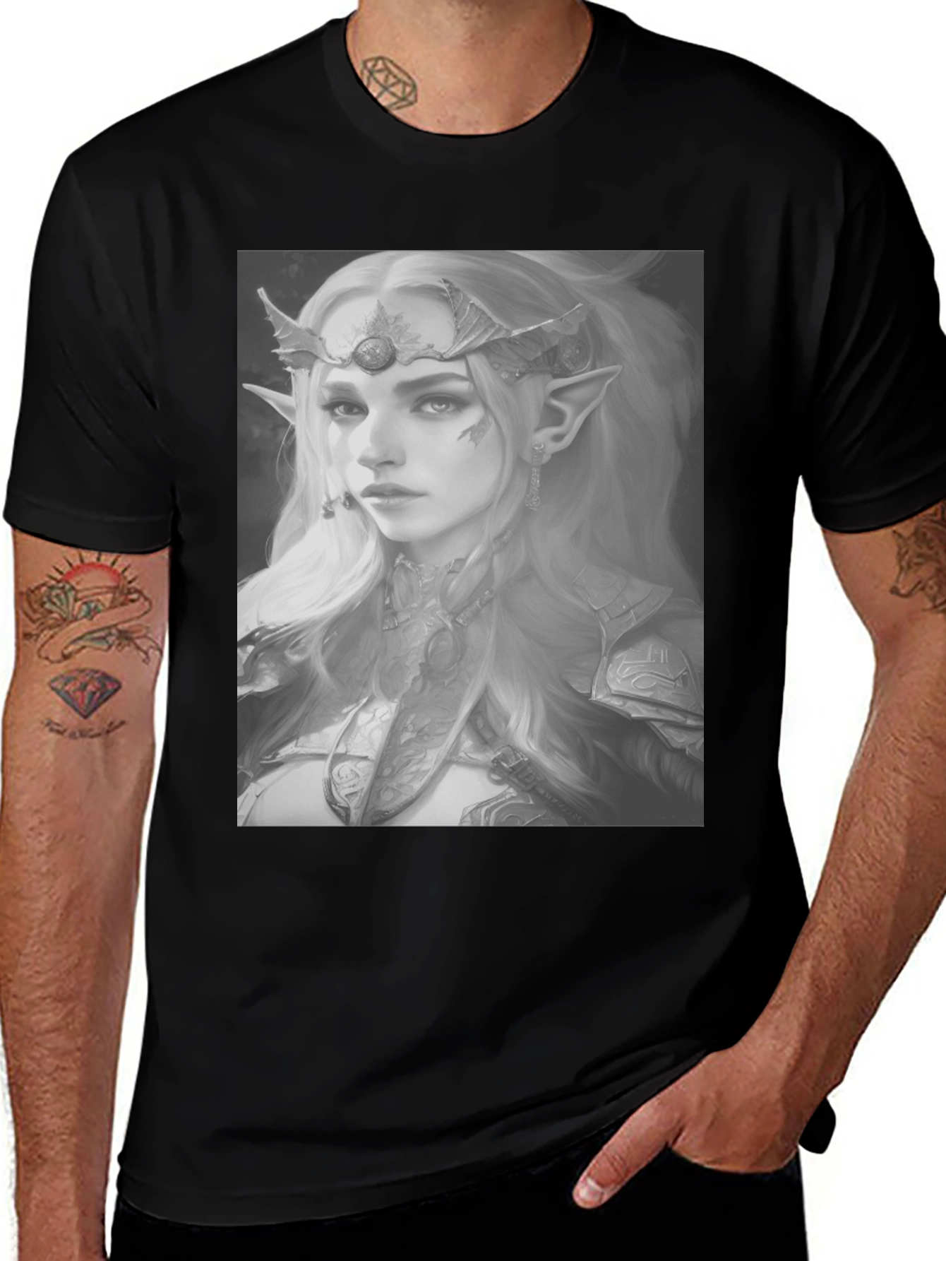 Elf Warrior Graphic Tee - Fantasy Portrait Shirt