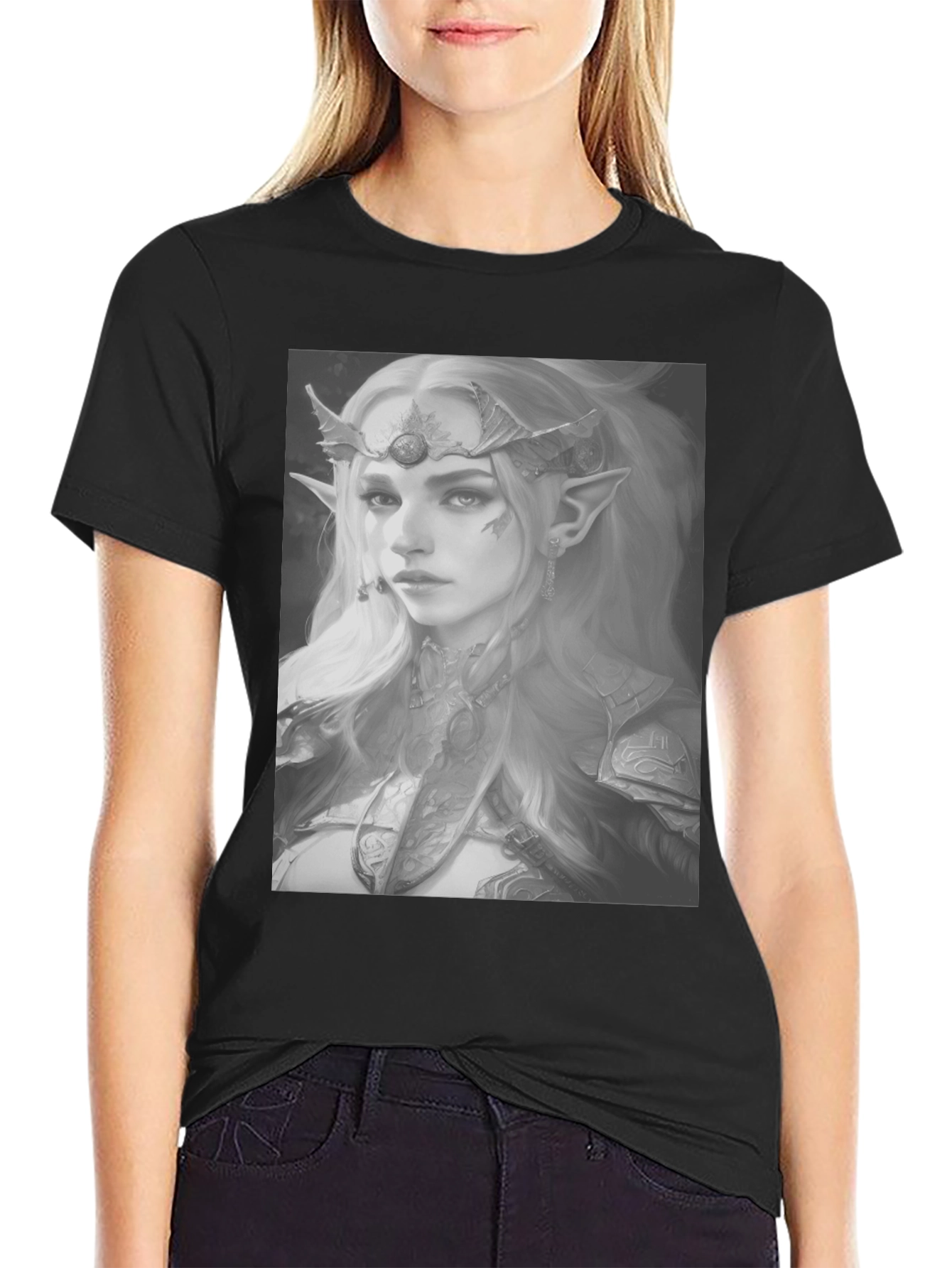 Elf Warrior Graphic Tee - Fantasy Portrait Shirt