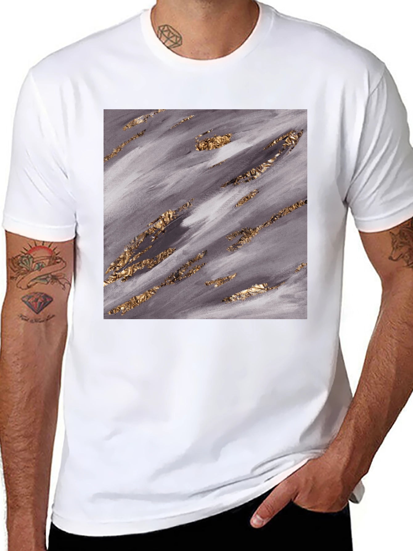Abstract Gold Foil Print Black T-Shirt