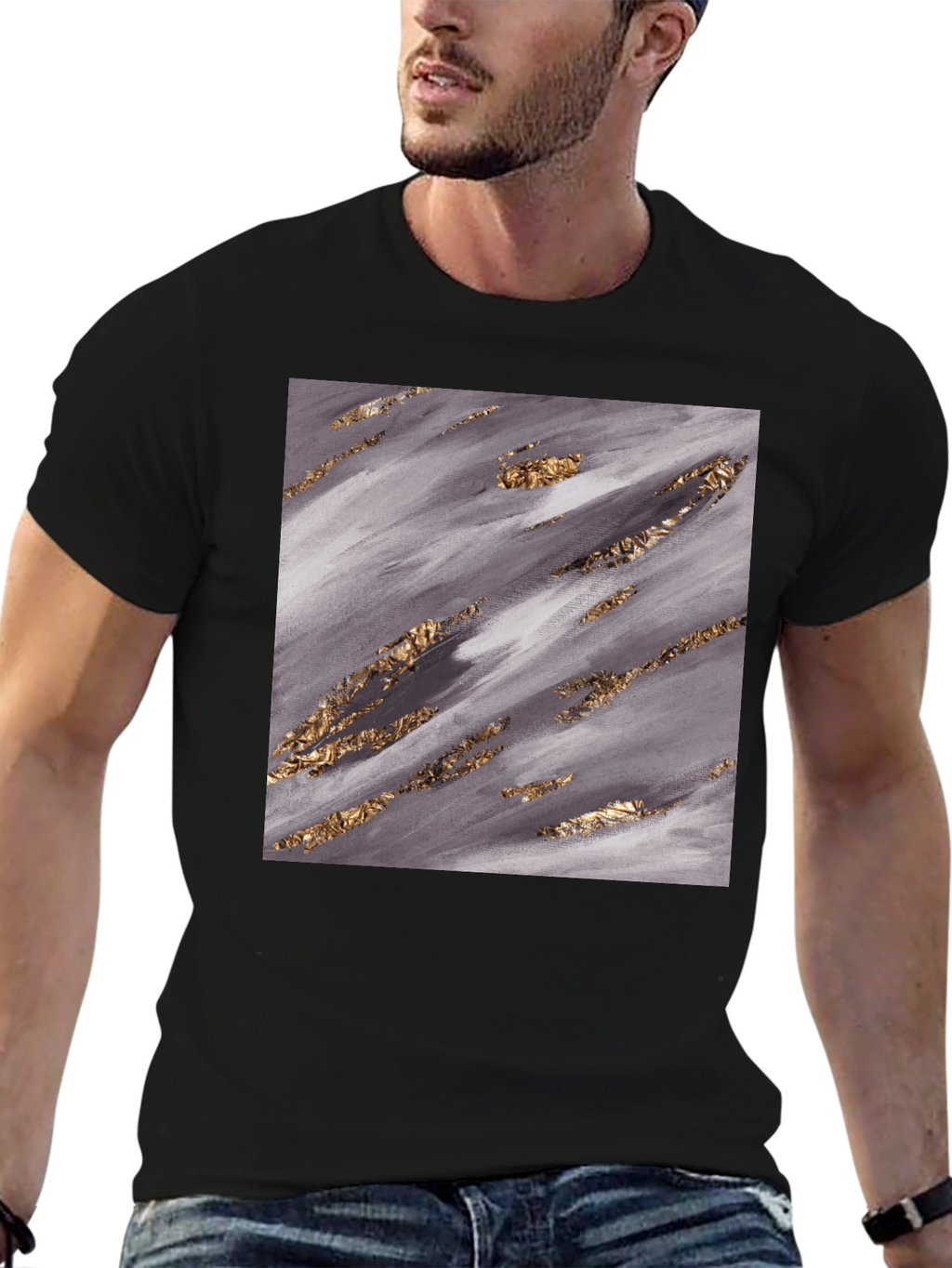 Abstract Gold Foil Print Black T-Shirt