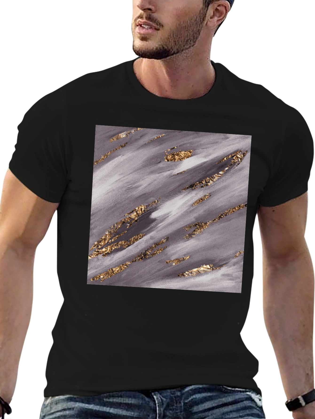 Abstract Gold Foil Print Black T-Shirt