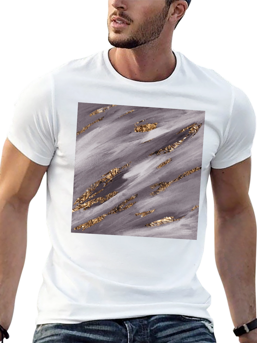 Abstract Gold Foil Print Black T-Shirt