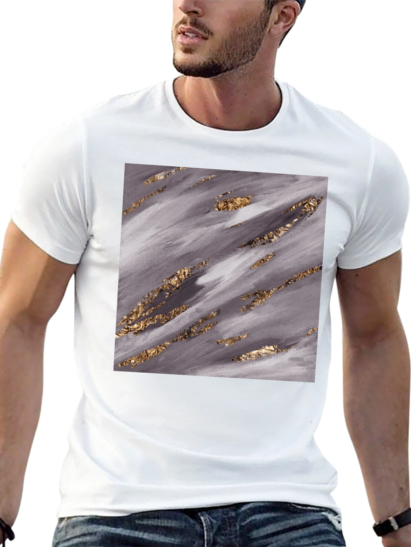Abstract Gold Foil Print Black T-Shirt