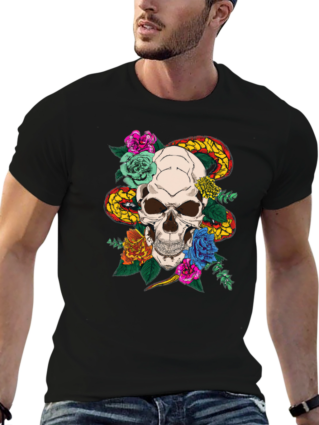 Skull & Snake Graphic T-Shirt - Edgy Style