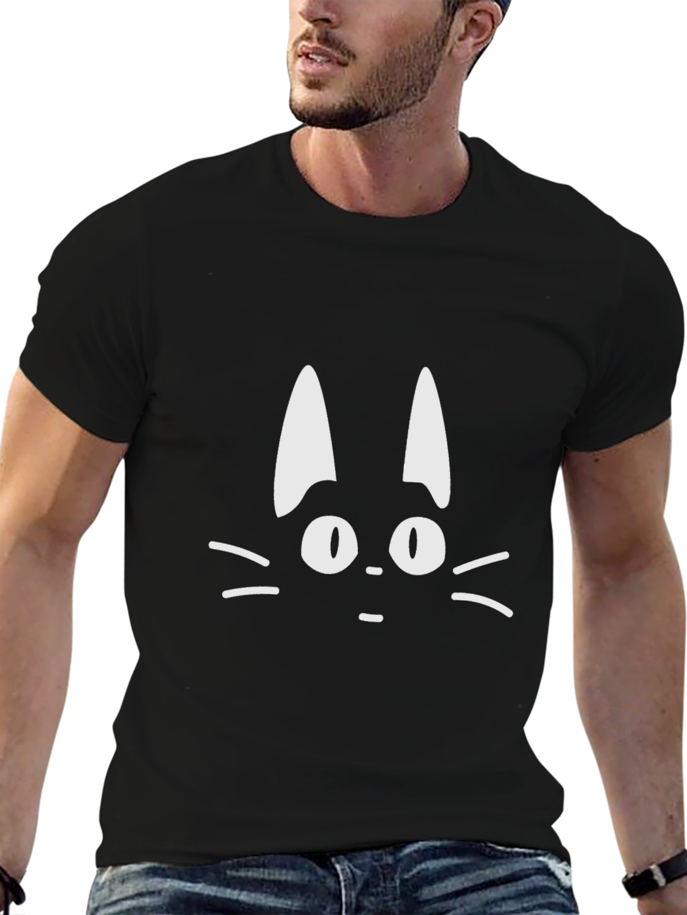 Cute Cat Face Graphic Black T-Shirt