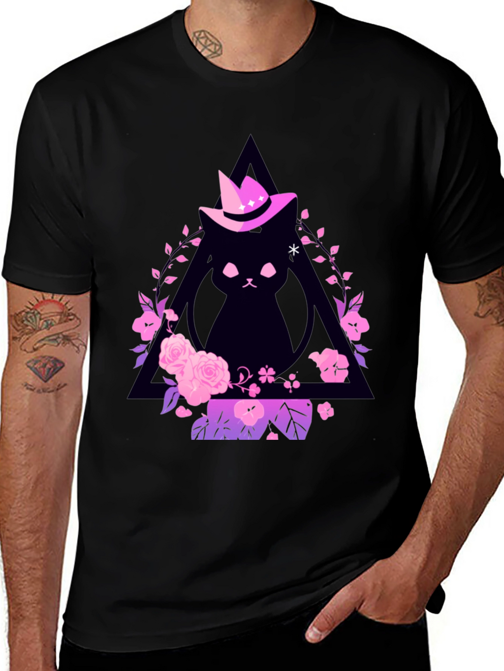 Witch Cat Graphic Tee - Floral Triangle Design