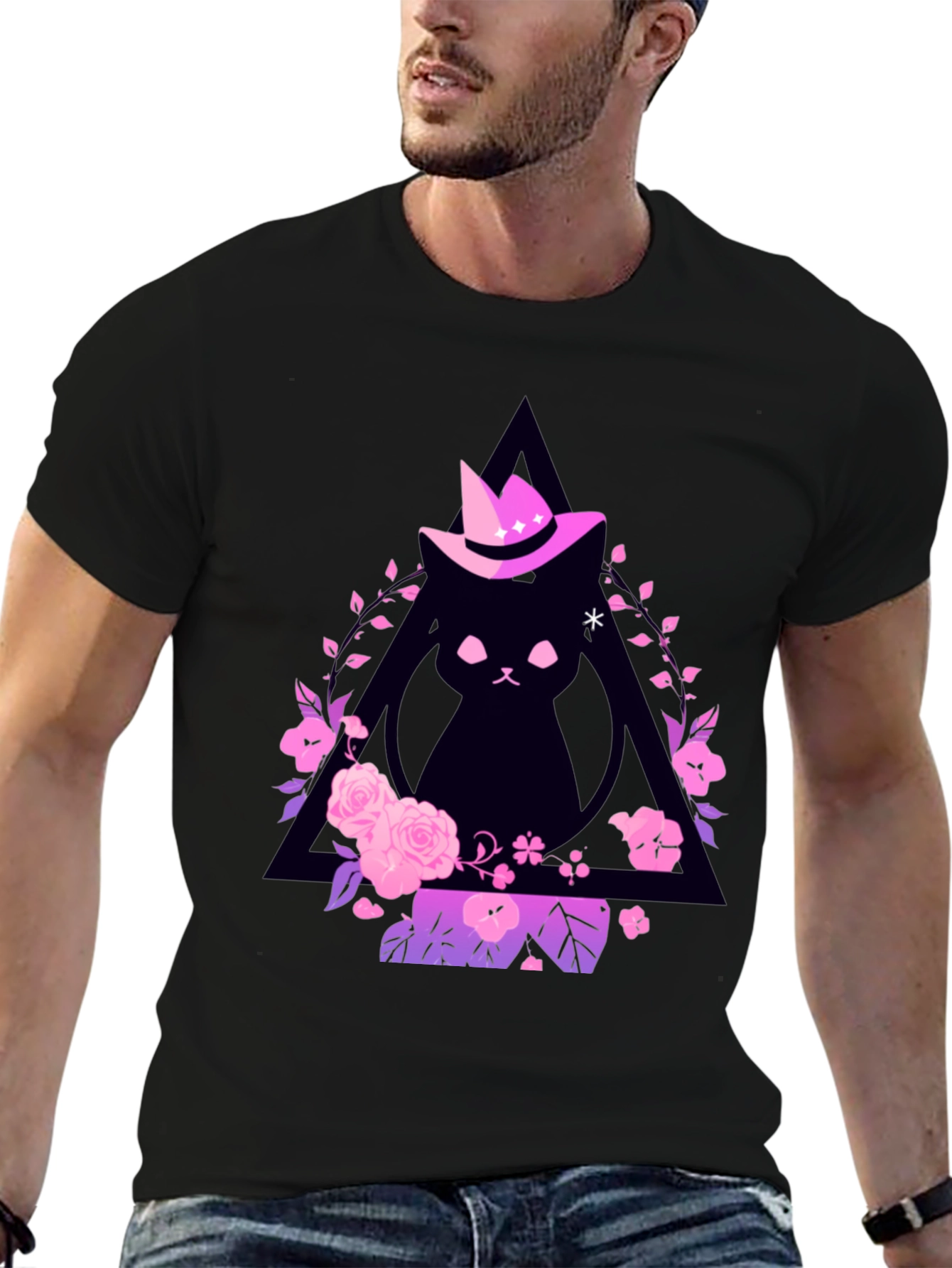 Witch Cat Graphic Tee - Floral Triangle Design
