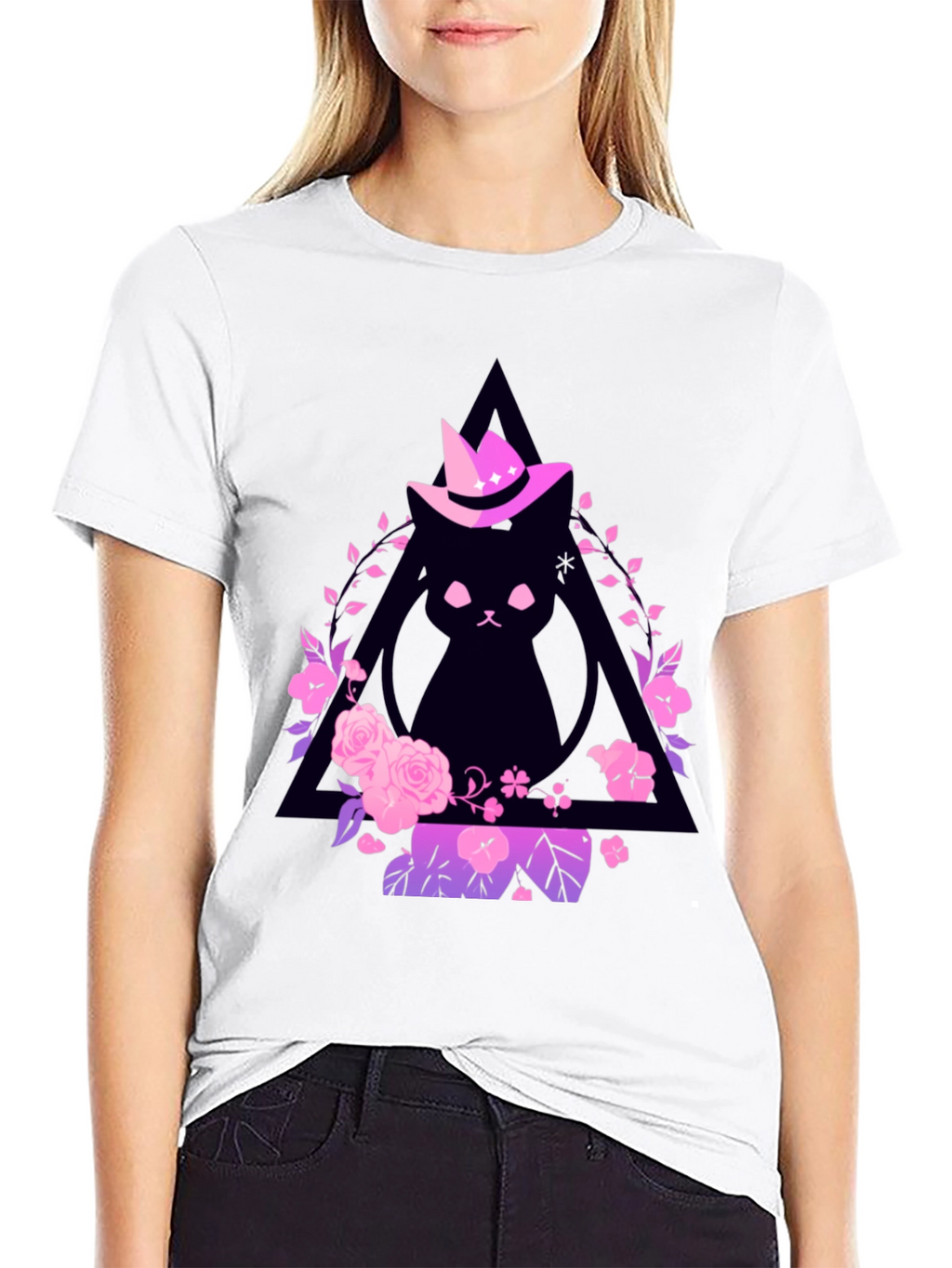 Witch Cat Graphic Tee - Floral Triangle Design