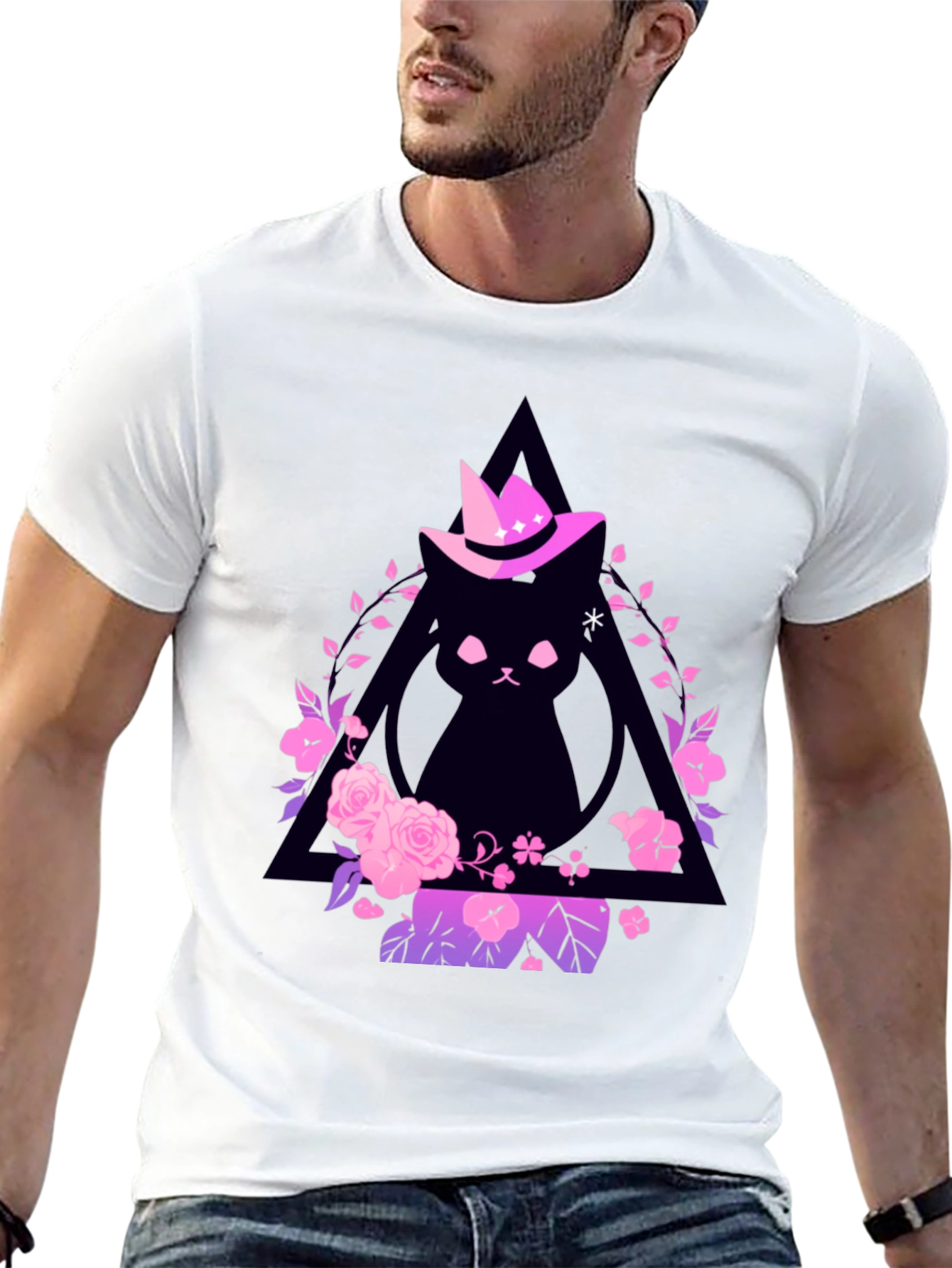 Witch Cat Graphic Tee - Floral Triangle Design