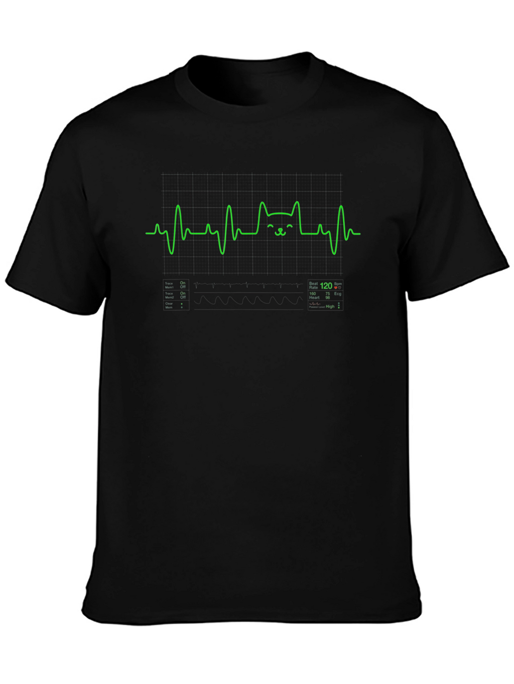 Cat EKG Heartbeat Black Graphic Tee
