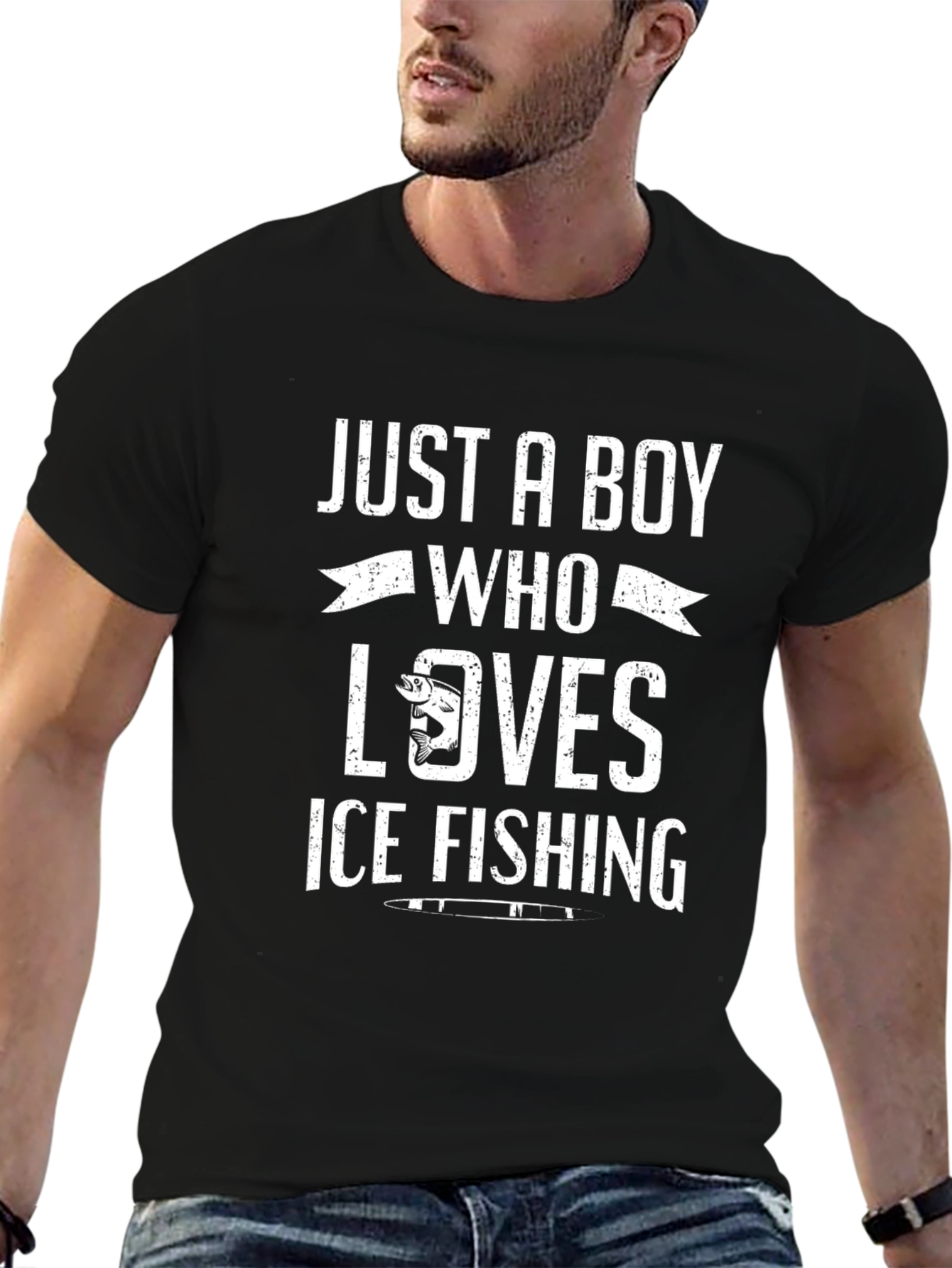 Boy Who Loves Ice Fishing Black T-Shirt
