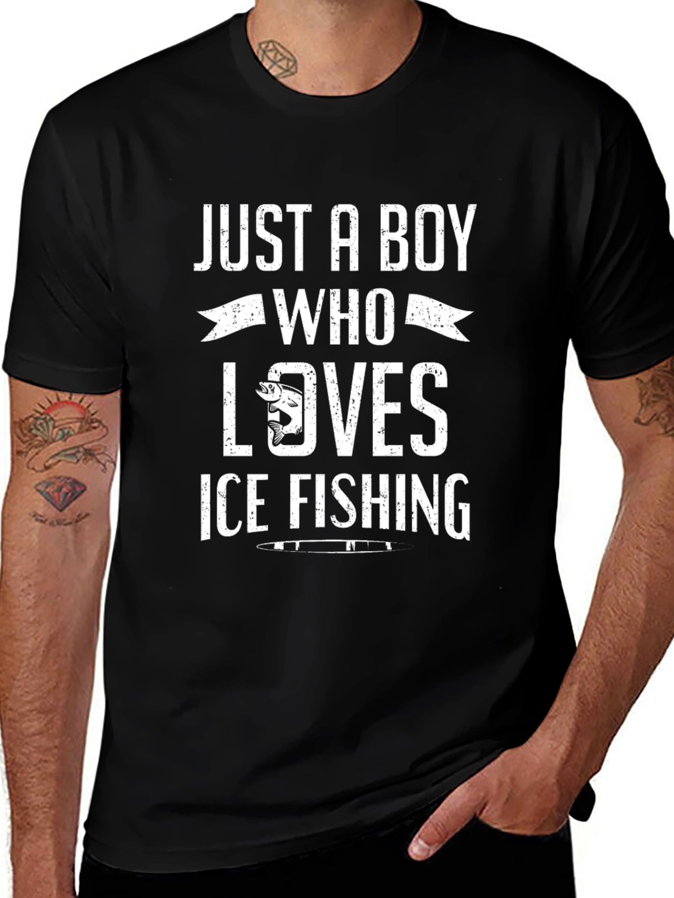 Boy Who Loves Ice Fishing Black T-Shirt