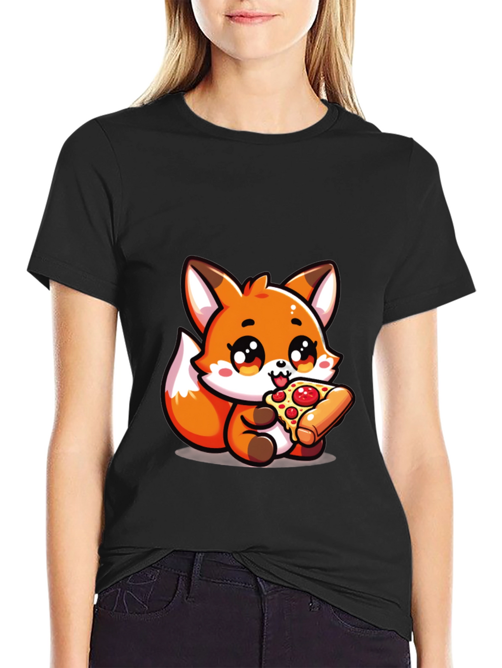 Cute Fox Pizza Lover Black T-Shirt
