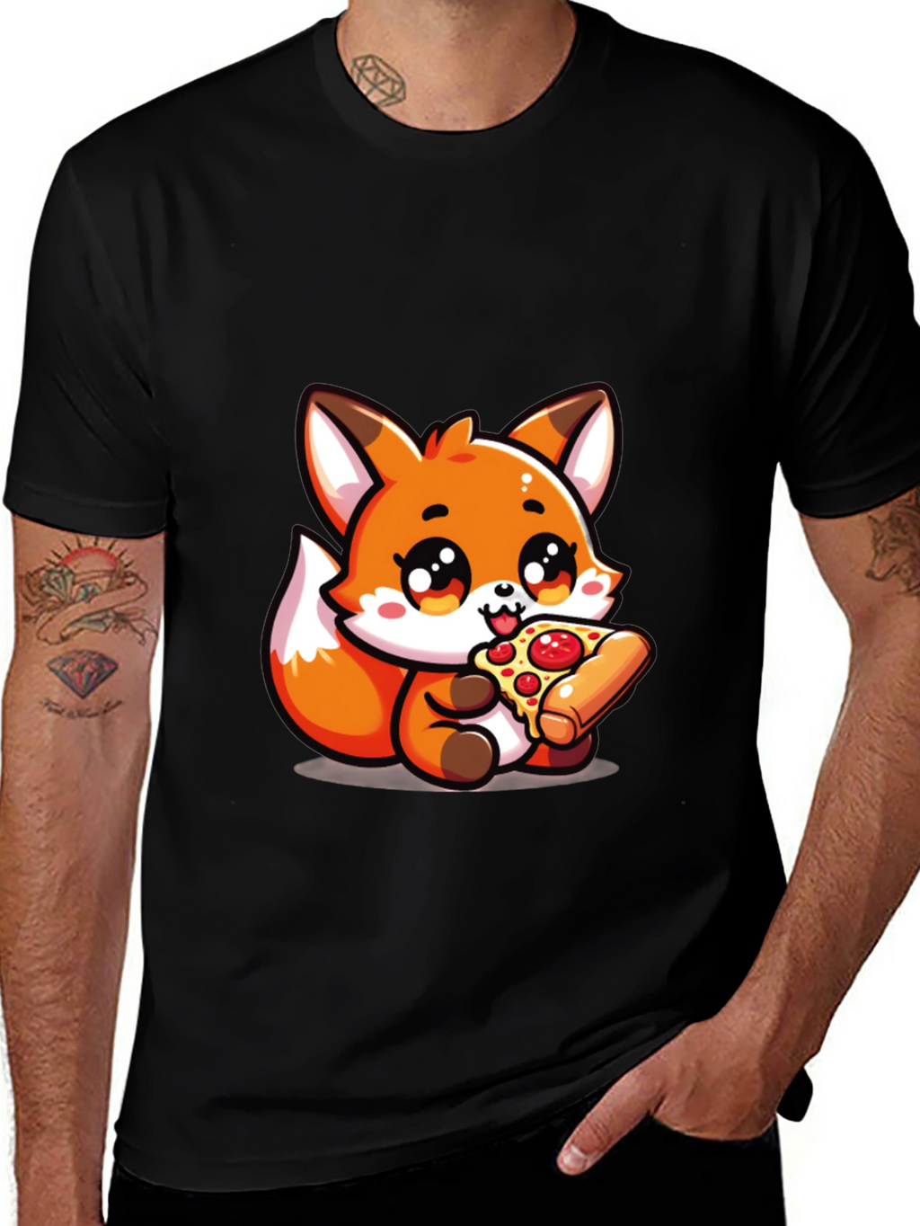 Cute Fox Pizza Lover Black T-Shirt