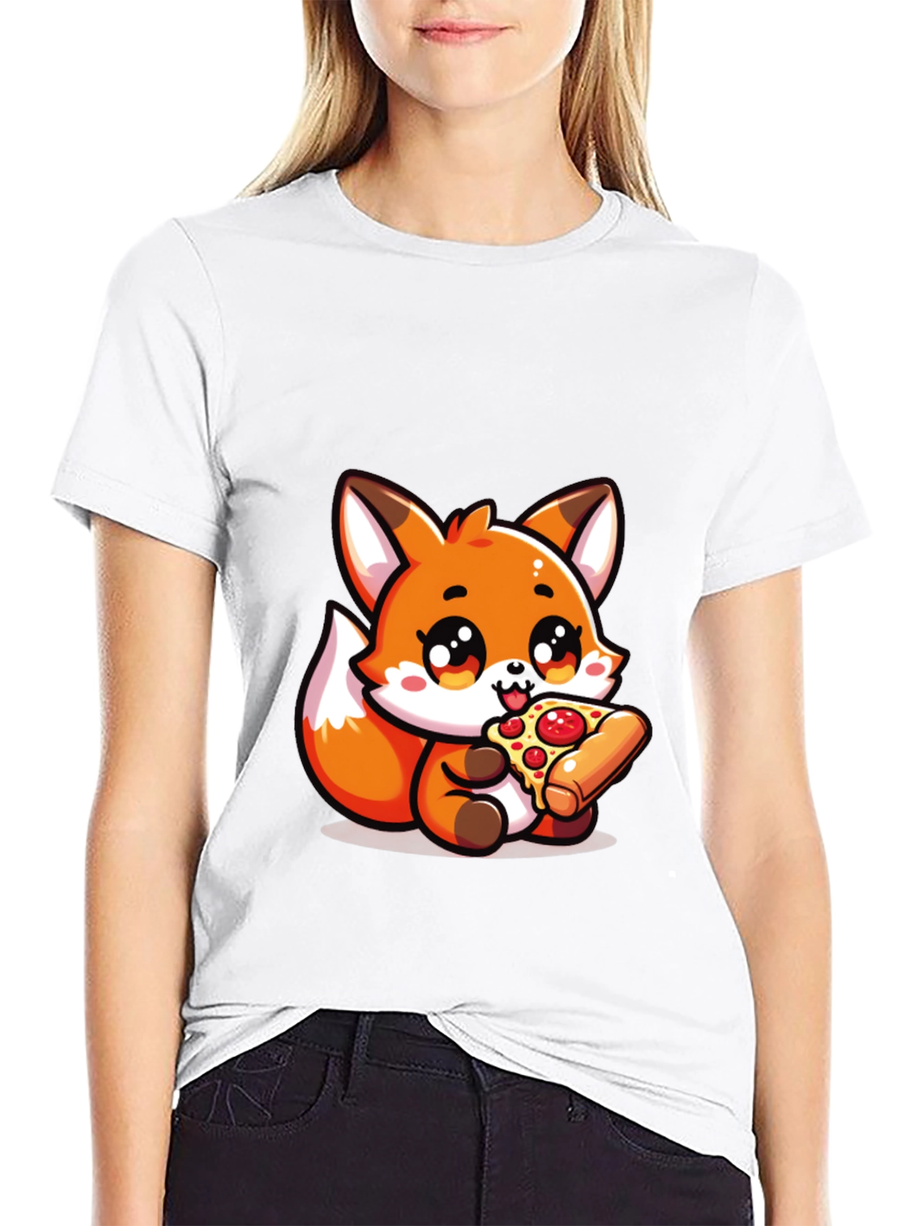 Cute Fox Pizza Lover Black T-Shirt