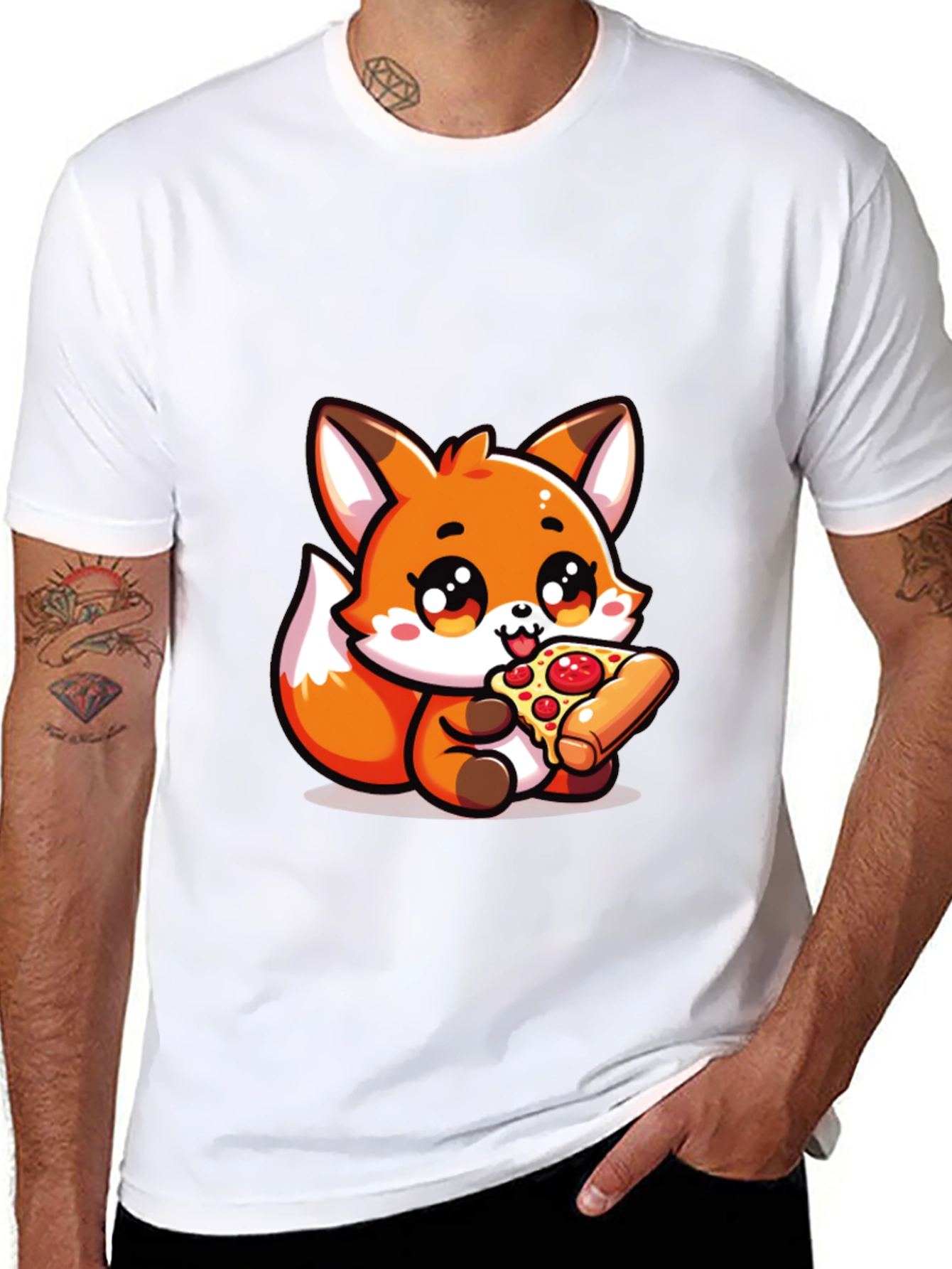 Cute Fox Pizza Lover Black T-Shirt