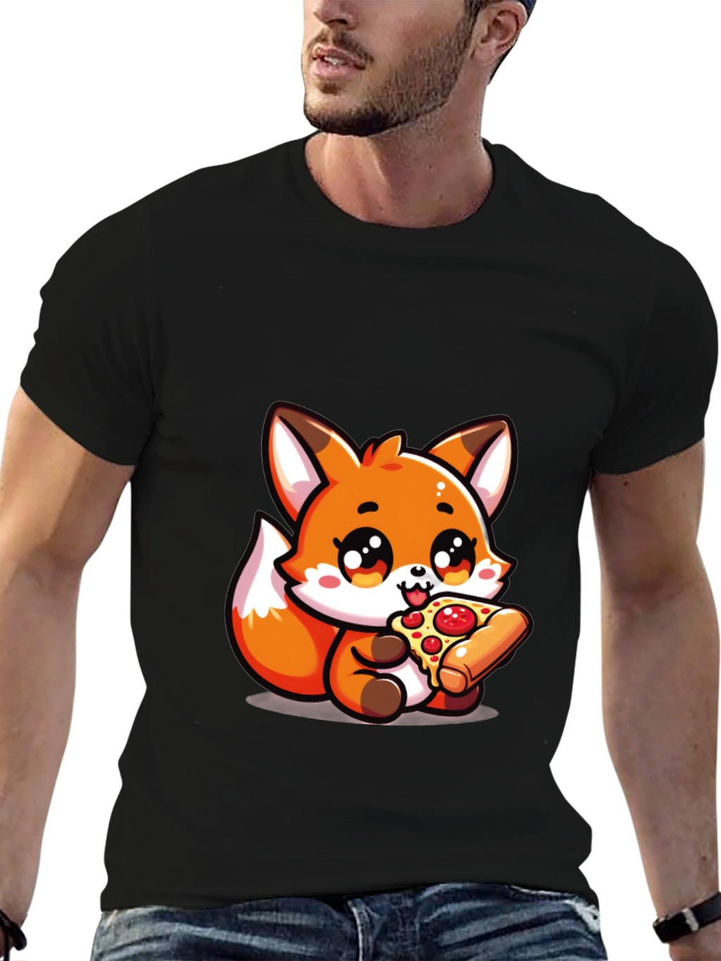 Cute Fox Pizza Lover Black T-Shirt