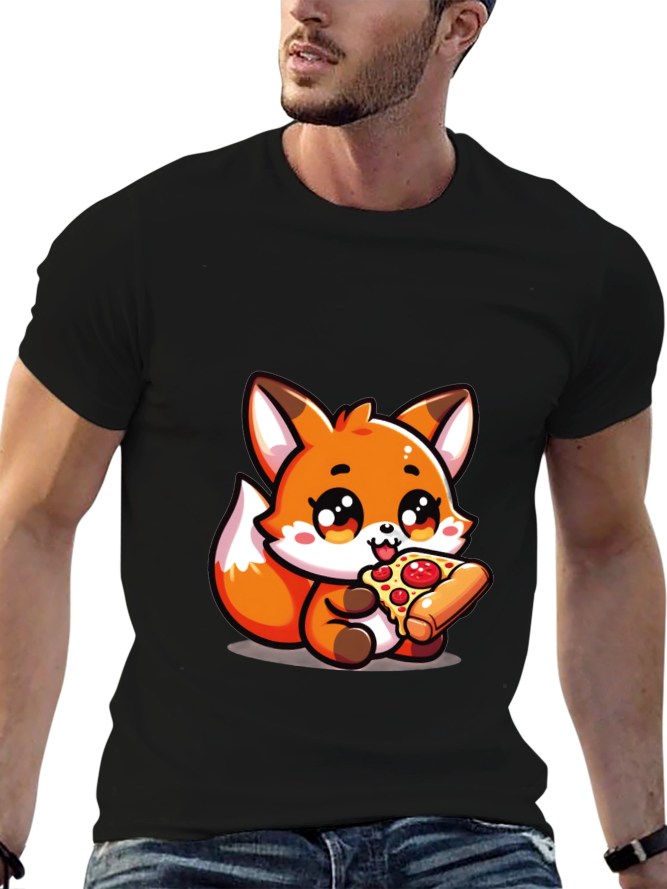 Cute Fox Pizza Lover Black T-Shirt