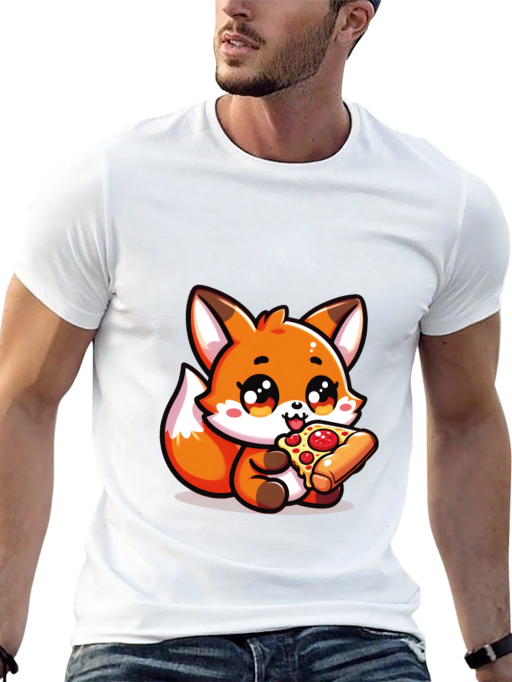 Cute Fox Pizza Lover Black T-Shirt