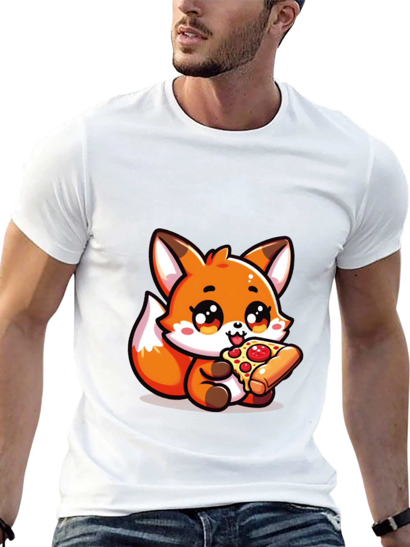 Cute Fox Pizza Lover Black T-Shirt