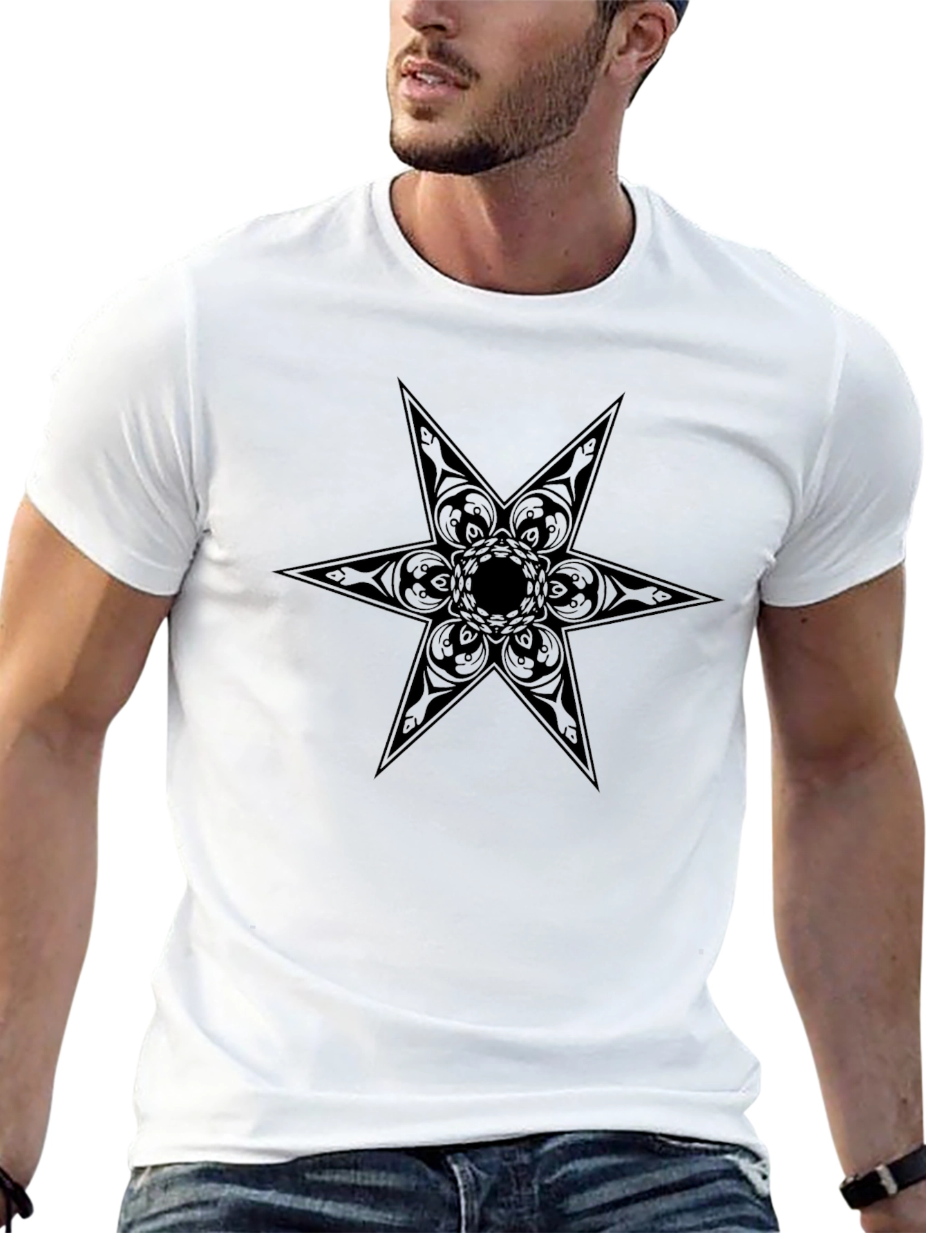 Black Graphic Tee - Ornamental Star Design