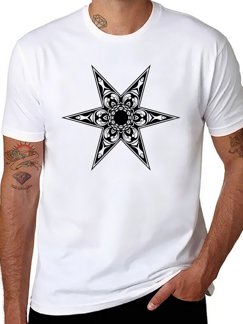 Black Graphic Tee - Ornamental Star Design