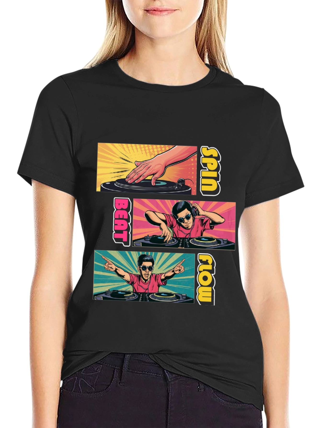 DJ Spin Beat Flow T-Shirt - Black Cotton Graphic Tee