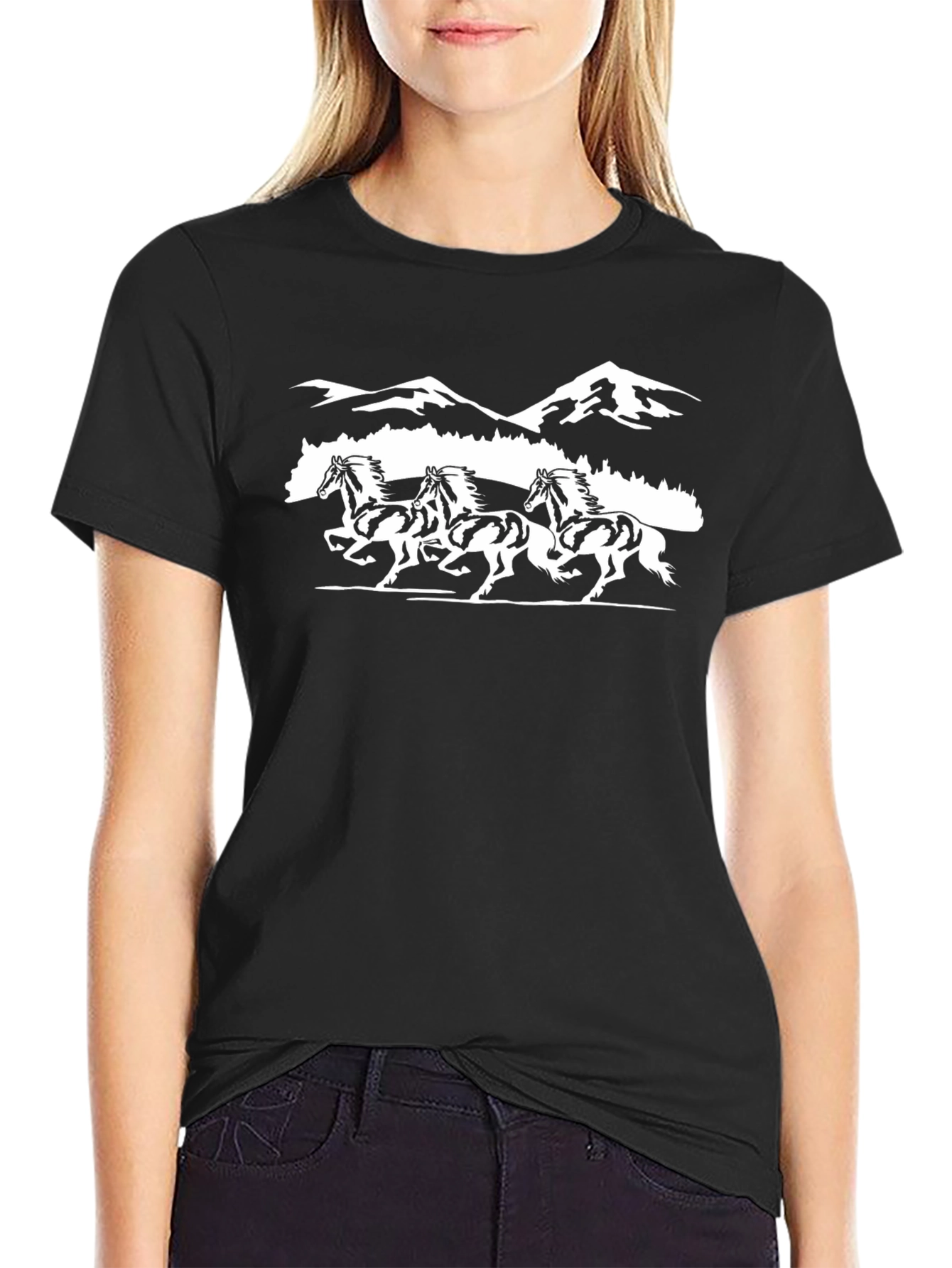 Black T-shirt with Running Horses Design