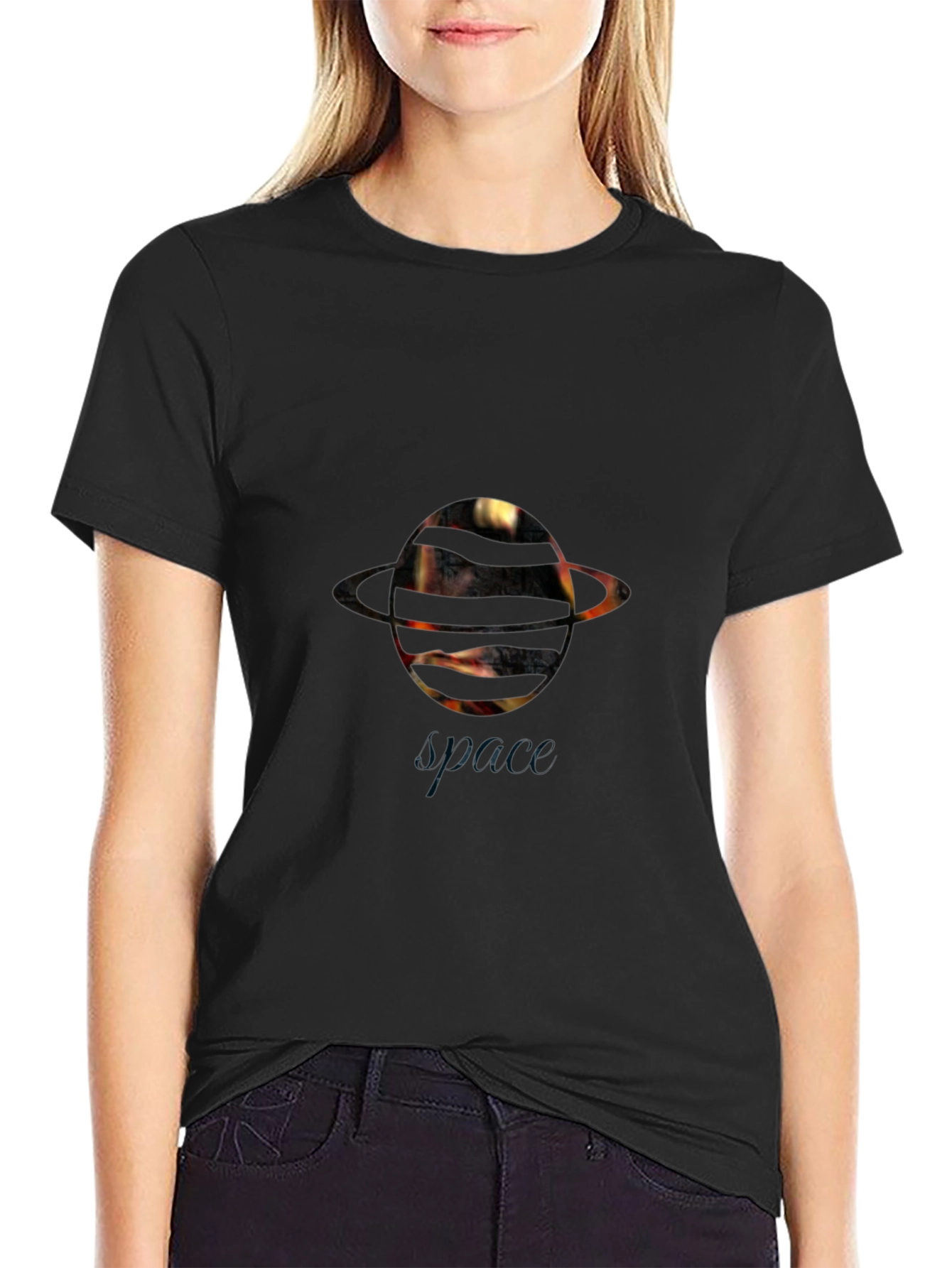 Space Saturn Graphic Black T-Shirt