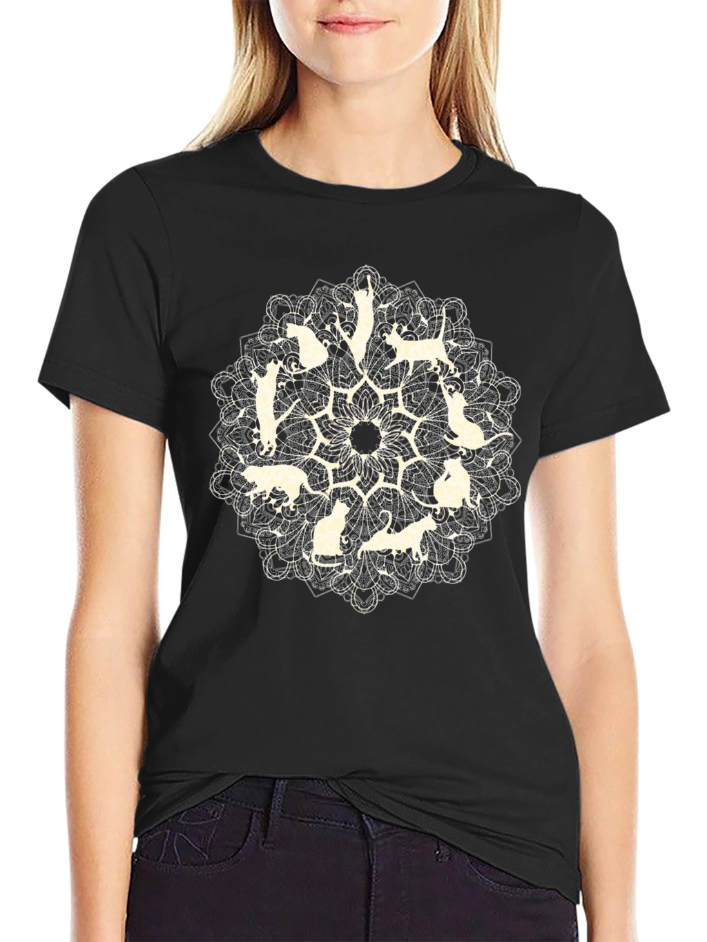 Cat Mandala Graphic Tee - Black Cotton T-Shirt