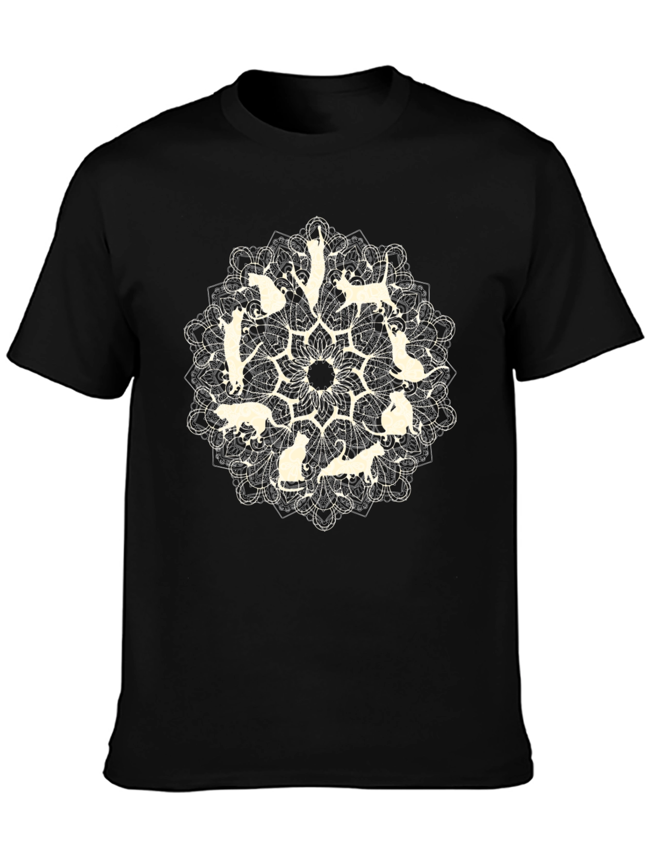 Cat Mandala Graphic Tee - Black Cotton T-Shirt