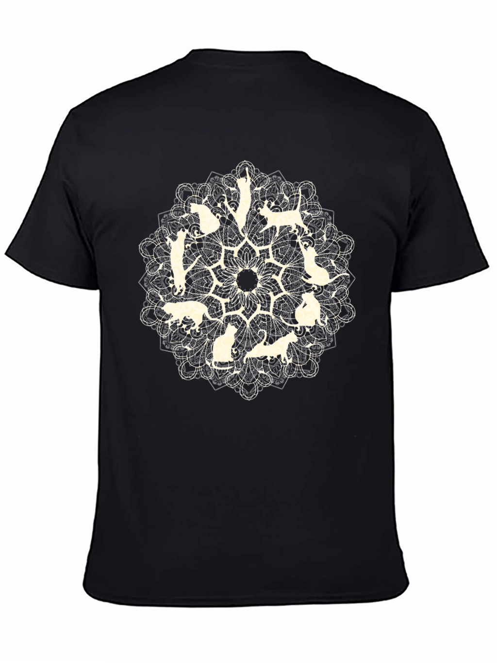 Cat Mandala Graphic Tee - Black Cotton T-Shirt