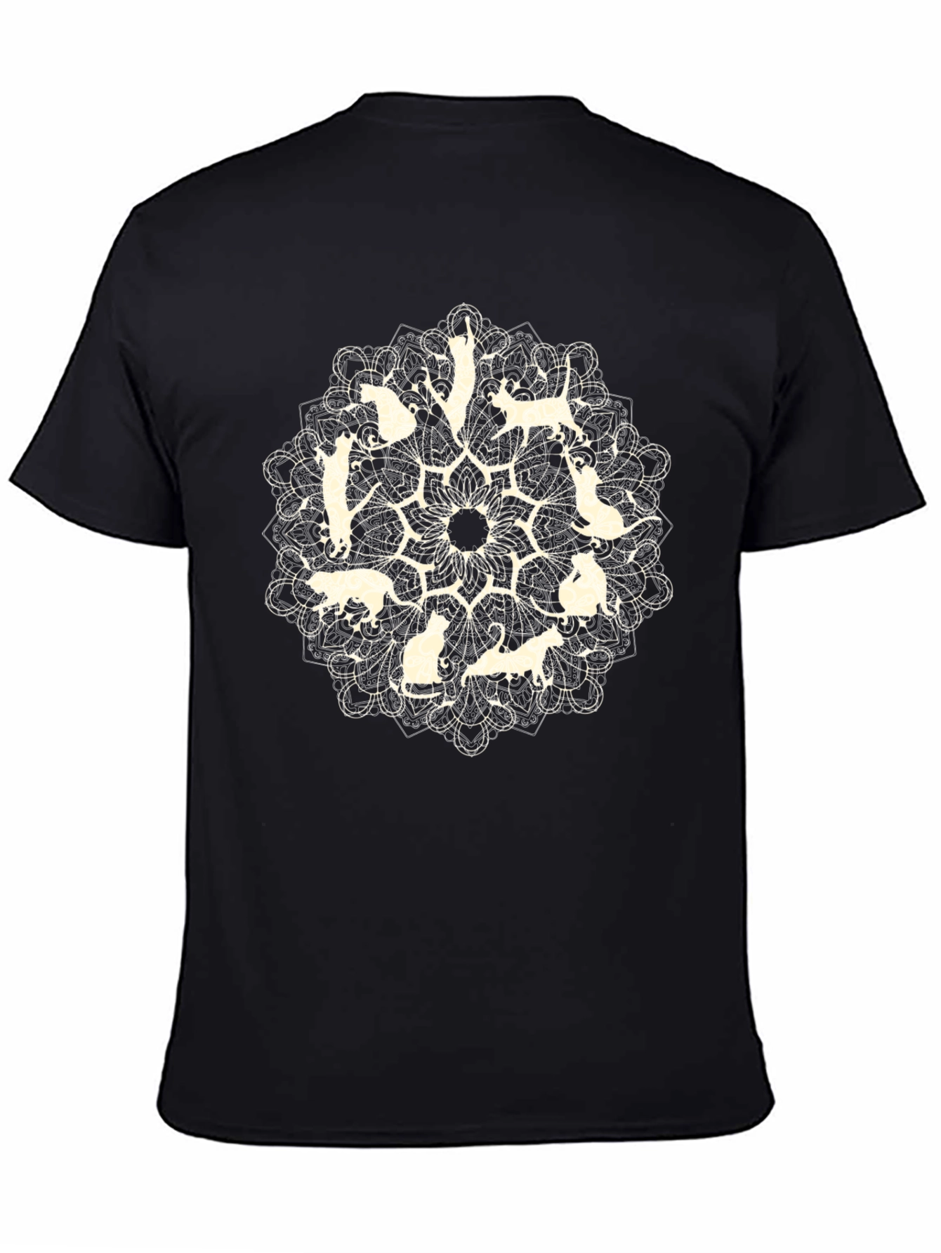 Cat Mandala Graphic Tee - Black Cotton T-Shirt