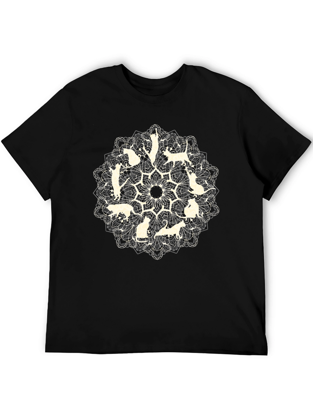 Cat Mandala Graphic Tee - Black Cotton T-Shirt
