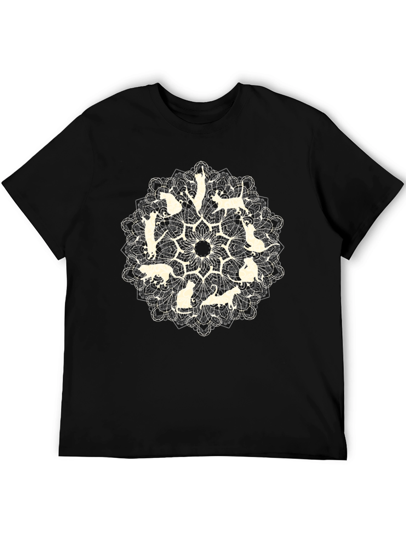 Cat Mandala Graphic Tee - Black Cotton T-Shirt