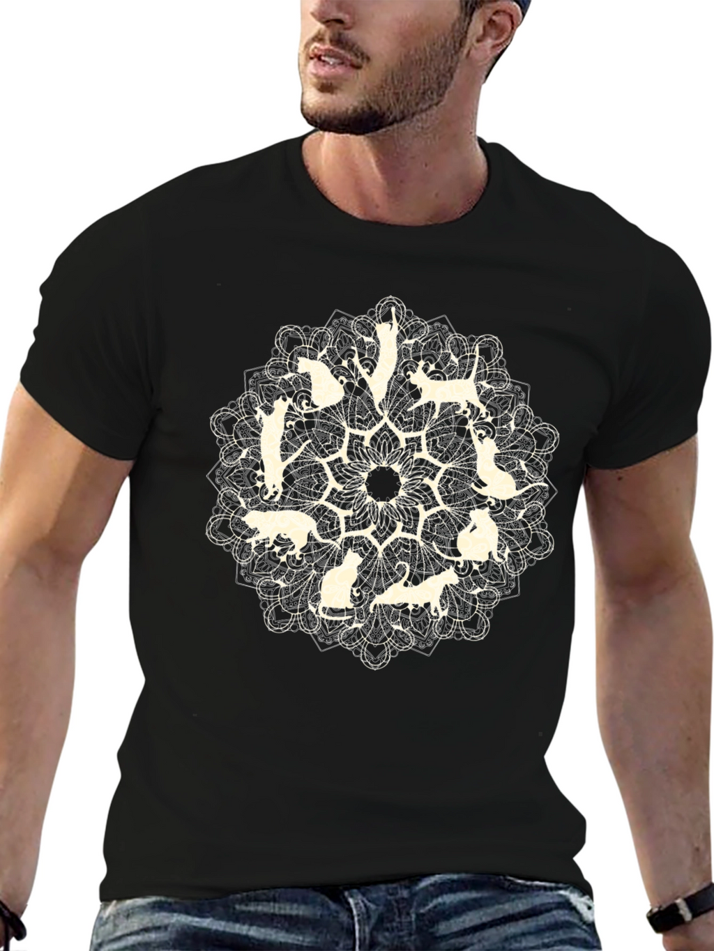 Cat Mandala Graphic Tee - Black Cotton T-Shirt