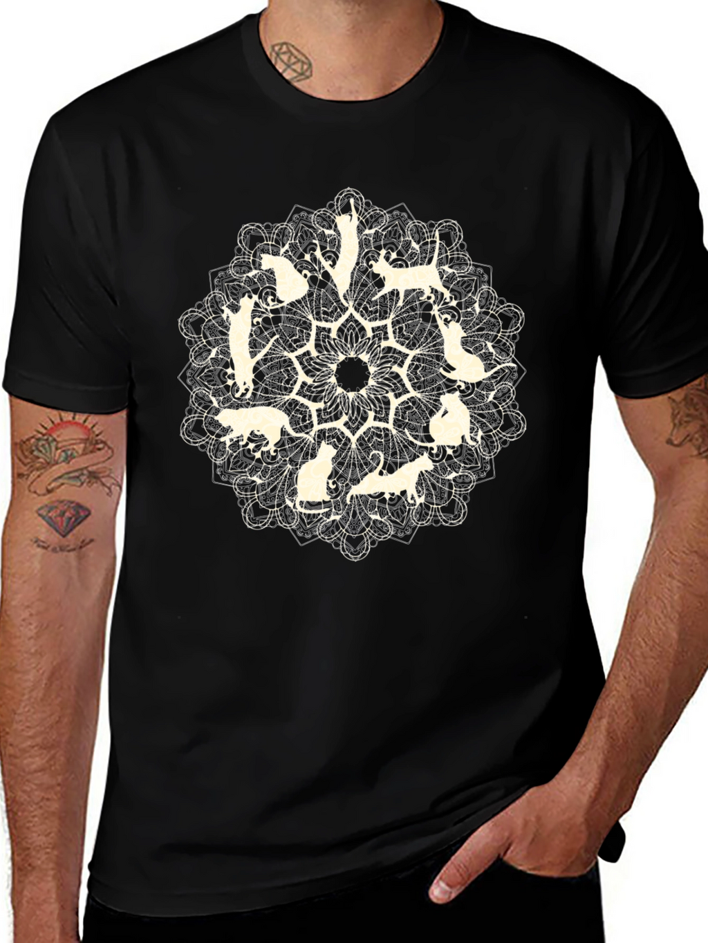 Cat Mandala Graphic Tee - Black Cotton T-Shirt