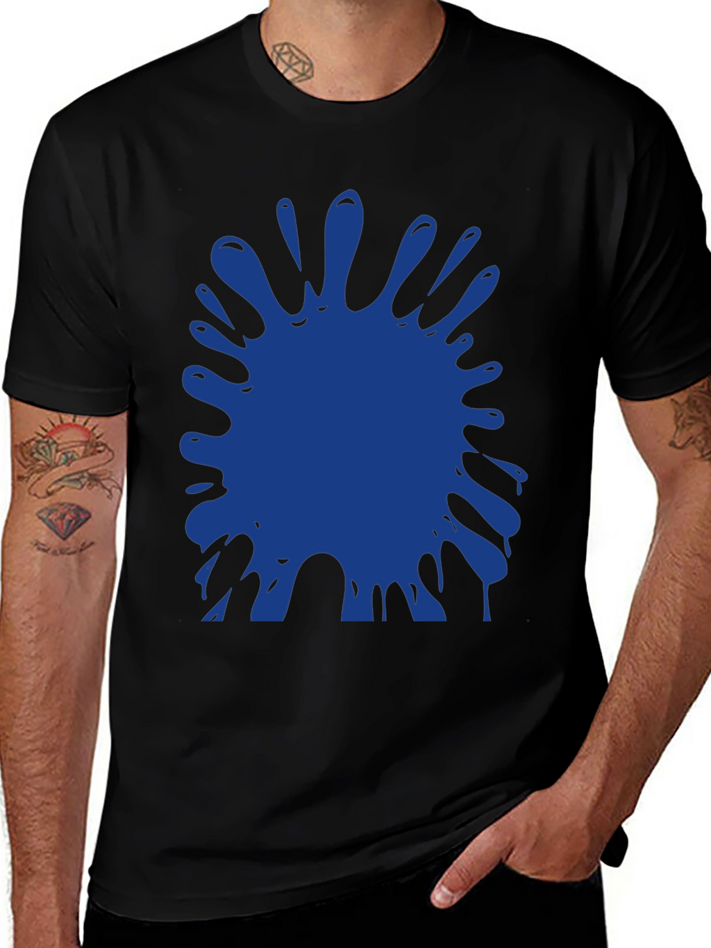 Blue Paint Splatter Graphic Black T-Shirt