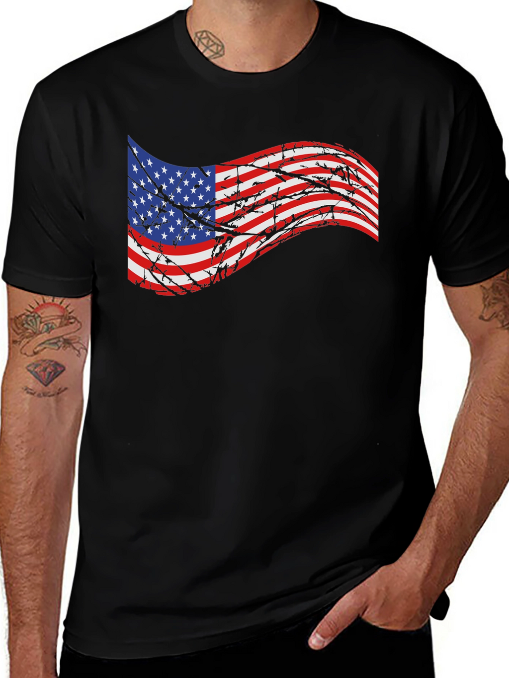 American Flag Barbed Wire Graphic T-Shirt