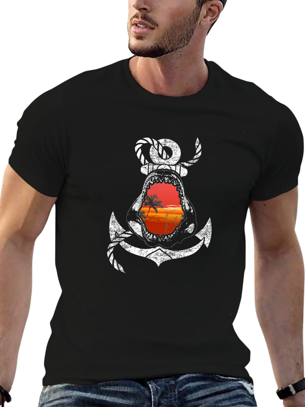 Shark Anchor Graphic Tee - Beach Sunset T-Shirt
