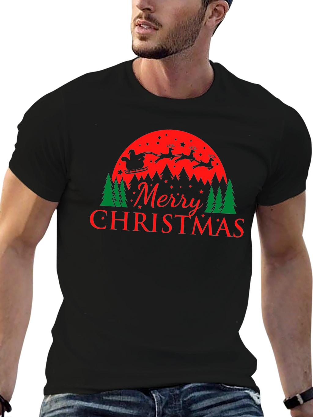 Merry Christmas Santa and Reindeer Graphic Tee